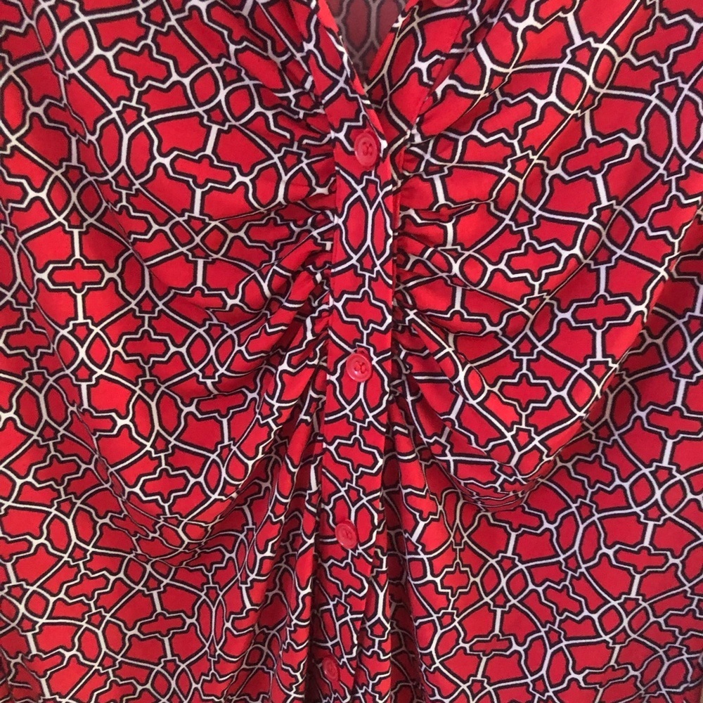 Laundry Shelly Segal Top S 3/4 Sleeve Ruched Button Down Bold Red Pattern - Picture 3 of 6